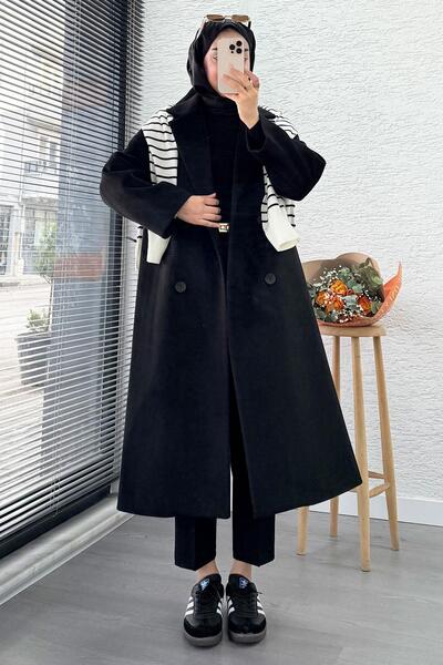 MELEK ARAZ Premium Four Button Pocket Oversized Cashmere Coat - Black