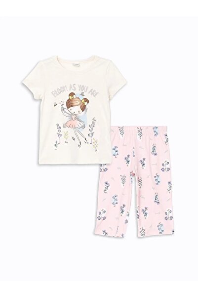 LC Waikiki Lcw Kids Ecru Crew Neck Printed Girls' Pajama Set with Shorts