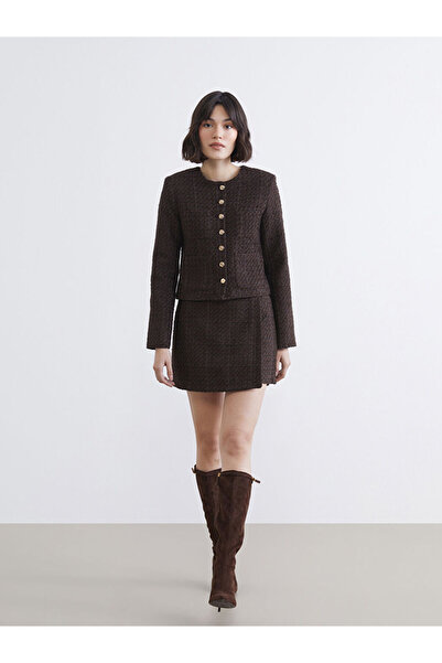 LC Waikiki Kahverengi Beli Fermuarlı Dokulu Tüvit Şort Etek