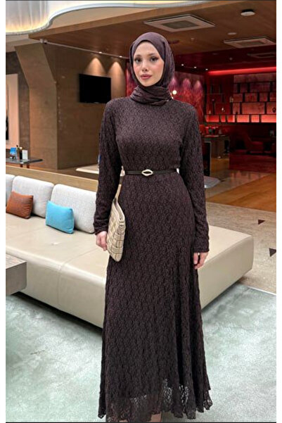 Molly Nelly Kadın Dantel Astarlı Kemerli Uzun Elbise