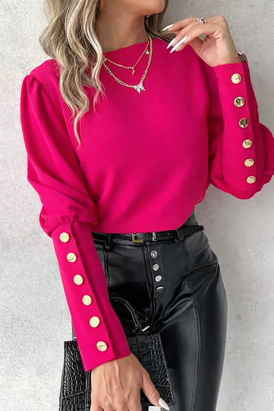 Deafox Fuchsia Button Detail Lantern Sleeve Round Neck Crepe Fabric Blouse