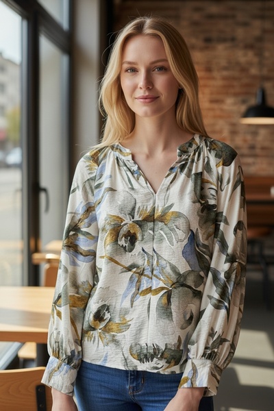 YILDIRIM GÜNGÖR Floral Print V-Neck Balloon Sleeve Blouse