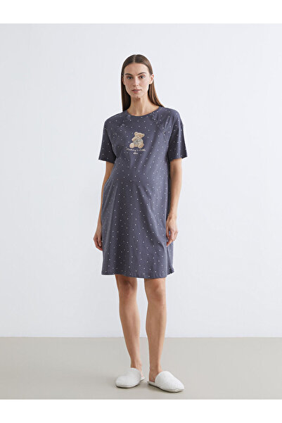 LC Waikiki Lcw Dream Gray Crew Neck Printed Maternity Nightgown