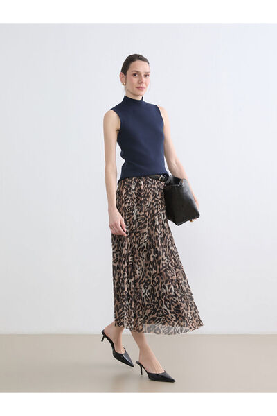 LC Waikiki Brown Belted Patterned Chiffon Pleated Skirt