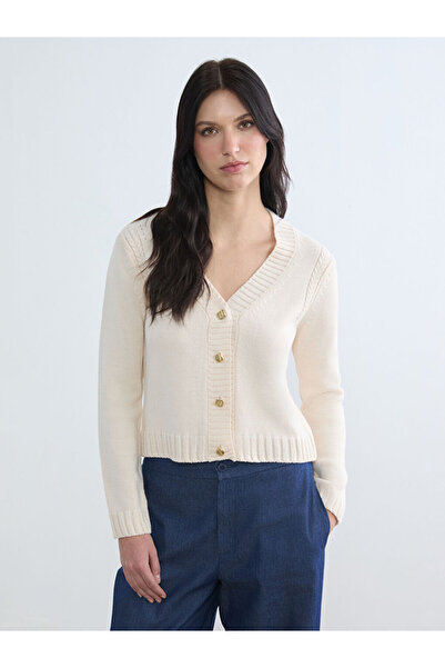 LC Waikiki Ecru V-Neck Self-Patterned Women's Knitwear Cardigan