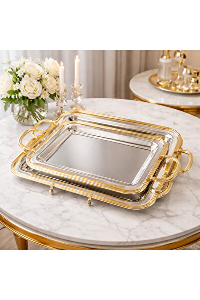 Dania ✨ Luxury Rectangular Metal Serving Tray Set in Silver and Gold – 3 Piec...