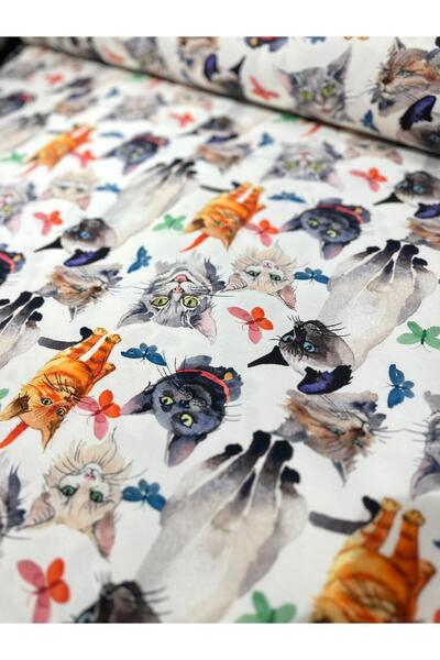 EDA HOME TEKSTİL KEDİ Desenli Duck Bezi Keten Kumaş 1 Metre (100X180 cm)