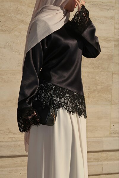 Hola Lady Ecru Asymmetric Cut Lace Satin Blouse Hl026