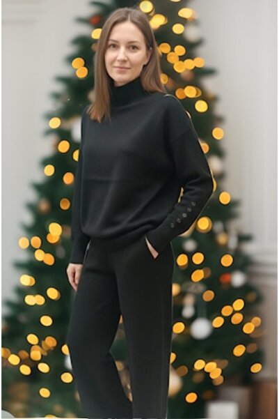 OEM Women's Soft Knit Set, Long Sleeve Sweater and Straight Pants, Black, M/L
