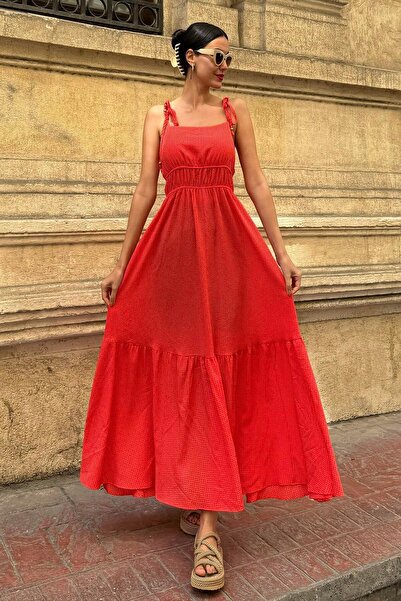 FOR YOU MODA Orangefarbenes Waffel-Latzkleid