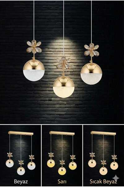 AURA LIGHTING Gold Model 3'Lü Top Sarkıt Yemek Masası üstü 3 Renk LED Modern ...