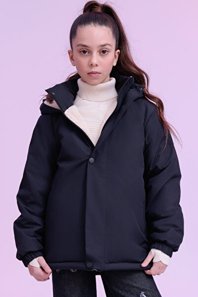 Gizrain Kız Çocuk Siyah Suya Dayanıklı Rüzgar Korumalı Kürk Astarlı Mont Parka