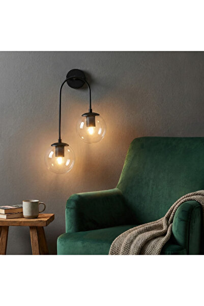 MOİRA Modern Black,2-Piece Sconce Transparent Glass Globe E14 Lampholder Livi...