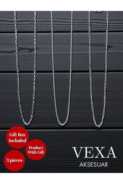 Vexa Aksesuar 3-Piece Chain Necklace Set – Cube, Knitted and Flat Model – Unisex, Special Boxed