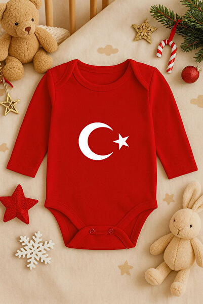 MODA Moon Star Turkish Flag Printed Long Sleeve Baby Red Bodysuit Undershirt ...