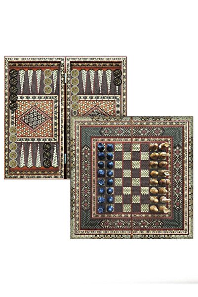 Margoun Handmade Persian Khatam Chess Set with Backgammon and Marble Stone Pi...