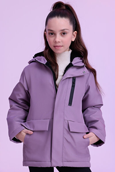 Gizrain Kız Çocuk Lila İçi Kürklü Su ve Rüzgar Geçirmez Kapüşonlu Kışlık Mont...