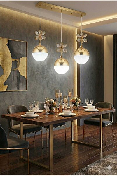AURA LIGHTING Gold Model 3'Lü Top Sarkıt Yemek Masası üstü 3 Renk LED Modern ...