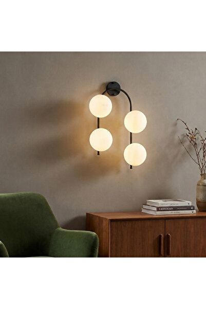 MOİRA Modern Black 4-Light Wall Sconce White Globe Glass E14Duy Living Room E...