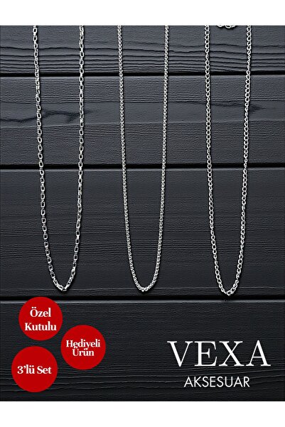 Vexa Aksesuar 3-Piece Chain Necklace Set – Cube, Knitted and Flat Model – Uni...