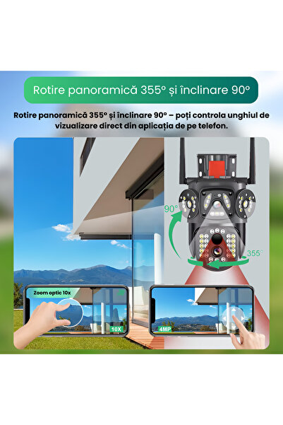 Empionics Cameră solară 4G cu triplu obiectiv și card de 128 GB, zoom 10X, FullHD, PTZ 360, LED, vedere nocturnă color