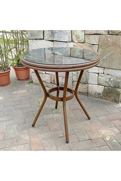 concent Round outdoor table with glass top, brown metal frame