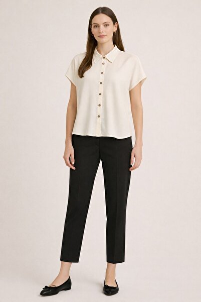 MG GİYİM STORE Women's Ecru Short Sleeve Buttoned Blouse