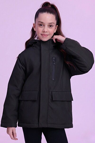 Gizrain Kız Çocuk Siyah İçi Kürklü Su ve Rüzgar Geçirmez Kapüşonlu Kışlık Mon...