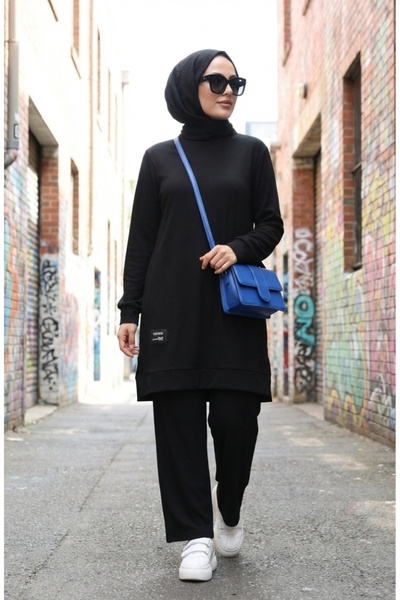 sefamerve Arma Detailed Corded Fabric Tunic Pants Double Suit 0232-01 Black