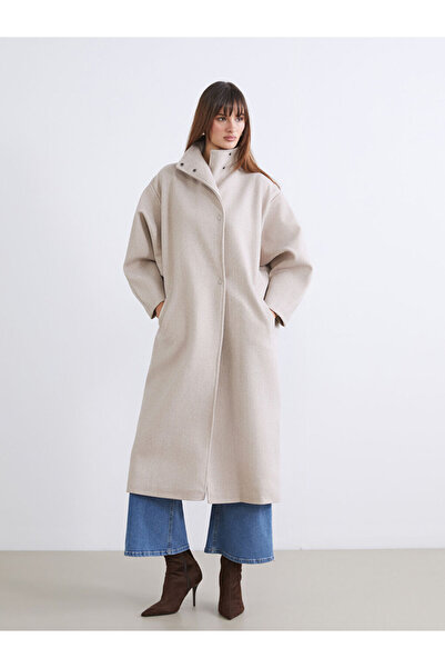 LC Waikiki Beige Mock Neck Women's Cashmere Coat