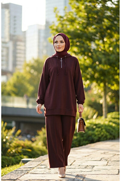 sefamerve Преміум тканина Капюшон Туніка Штани Комплект 0236-04 Коричневий