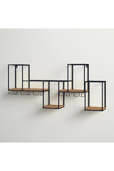MERZANA Modern Duvar Tipi Şaraplık & Kadeh Askılı Raf – Metal Gövde, Ahşap De...