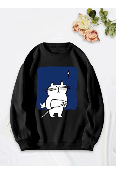 Oceanwear سترة رياضية مسطحة للجنسين من Cute Cat مطبوع برقبة دائرية مبطن بالصوف