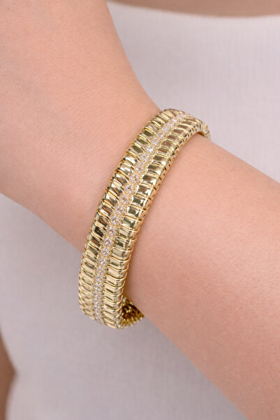 femline سوار نسائي بتصميم شريط متوسط مرصع بالأحجار الكريمة الفاخرة باللون الذهبي