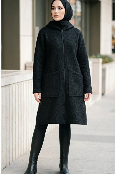 sefamerve Зимно палто с качулка, цип и джобове 2211-02 Черно