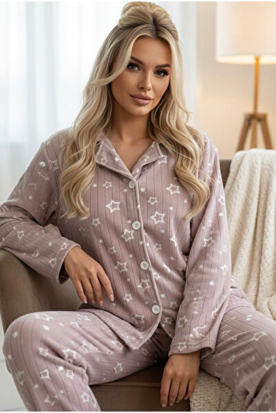 Siyah İnci Powder Star Patterned Buttoned Fleece Winter Knitted Pajama Set