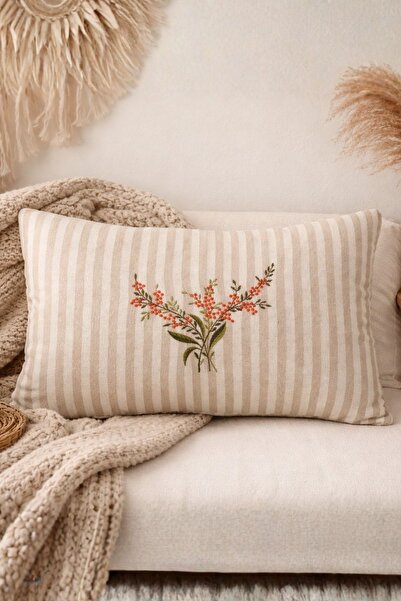 Elegancembroidery Çiçek Nakış Detaylı Bohem Dikdörtgen Kırlent – Dolgulu, Dek...