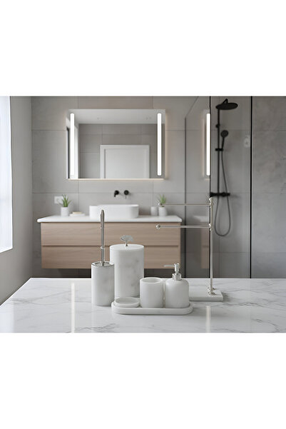 DEISIS HOME Afyon Beyaz Mermer 7li Banyo Seti Gümüş Aksesuar