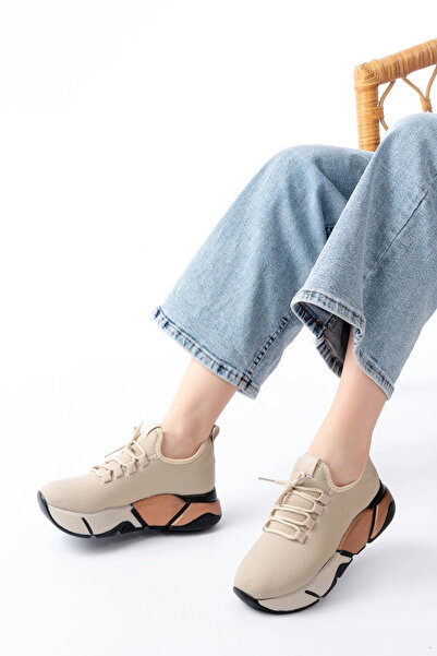 Bupel Rs-400 Beige Lace-Up Mesh Colorful Sole Daily Women's Sports
