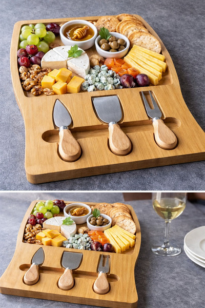 MKRİSTAL Peynir Sunum Tahtası – 3 Parça Bıçak Setli