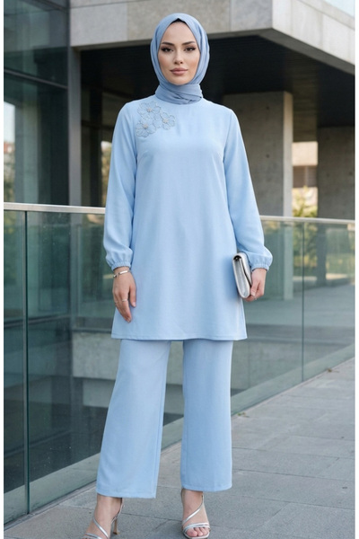 sefamerve Stone Embroidered Tunic Trousers Double Suit 0230-06 Blue