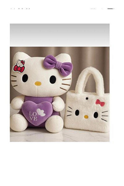fenomen Hello Kitty Mor Peluş Oyuncak 35 cm + Peluş Çanta Hediyelik Set
