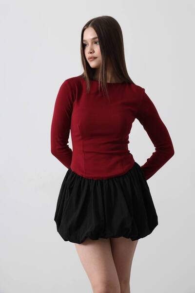 cemo Balon Etekli Bisiklet Yaka Uzun Kollu Mini Elbise