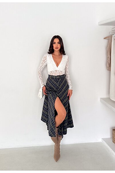 winmoda Women's Plaid Patterned Front Buttoned Belted Bell Skirt - Full Fit T...