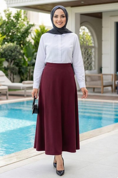 Hb Harma Time Butik Women's Scuba Fabric Burgundy Flared Skirt