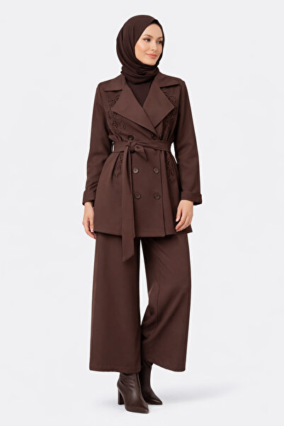 günay boutıque Brown Belted Jacket Pants Set