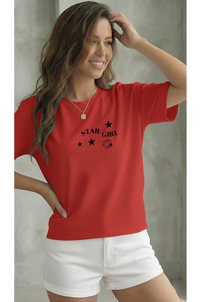 BUWOM Γυναικείο μπλουζάκι με στάμπα Star Girl με λαιμόκοψη ποδηλάτου