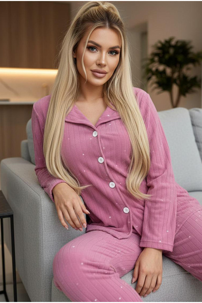 Siyah İnci Buttoned Fleece Winter Knitted Pajama Set with Dried Rose Pattern