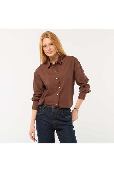 KIABI Long-Sleeved Poplin Shirt BROWN