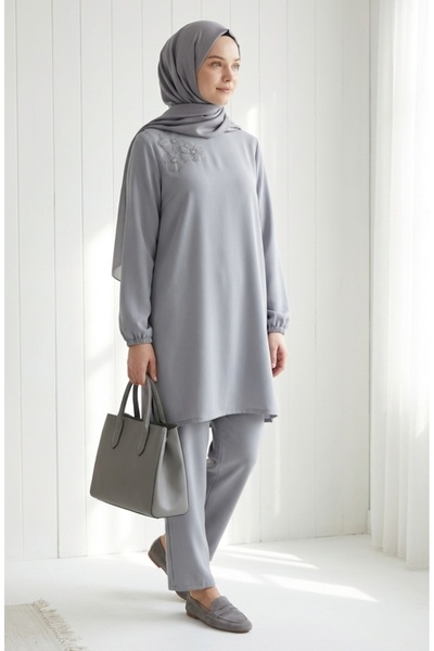 sefamerve Stone Embroidered Tunic Trousers Double Suit 0230-04 Gray